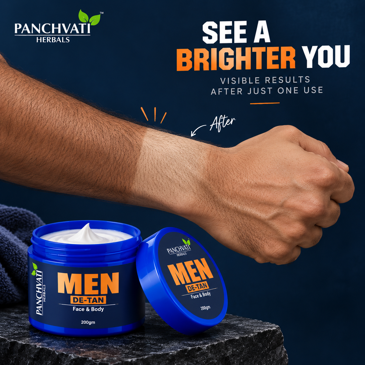 Panchvati Herbals Men De-Tan Face & Body Cream, 200 g | Helps Reduce Tan & Brighten Skin | For Men