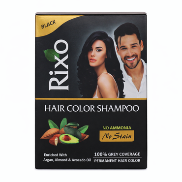 Rixo Black Hair Color Shampoo | Guaranteed No Stain On Skin | No Ammonia | 100% Grey Coverage | Hair Color In 10 Minutes | 25ml × 10 Pouch= 250 ml