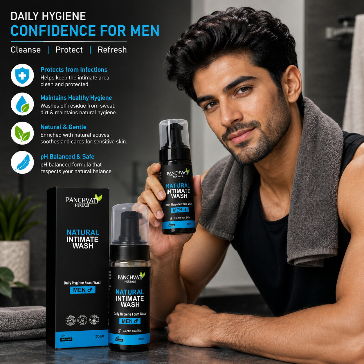 Panchvati Herbals Natural Intimate Wash for Men, Daily Hygiene Foam Wash, pH Balanced, 100 ml