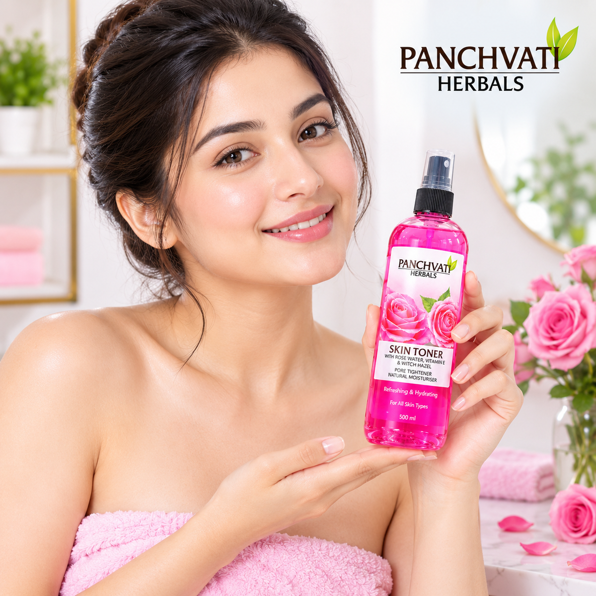 Panchvati Skin Toner with Rose Extract, Vitamin E & Witch Hazel | Refreshing & Hydrating Facial Toner | Natural Moisturizer | For All Skin Types | 500 ml