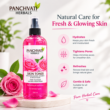 Panchvati Skin Toner with Rose Extract, Vitamin E & Witch Hazel | Refreshing & Hydrating Facial Toner | Natural Moisturizer | For All Skin Types | 500 ml