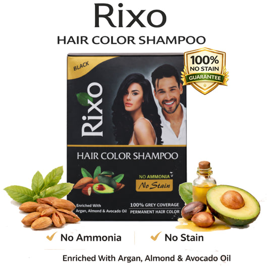 Rixo Black Hair Color Shampoo | Guaranteed No Stain On Skin | No Ammonia | 100% Grey Coverage | Hair Color In 10 Minutes | 25ml × 10 Pouch= 250 ml