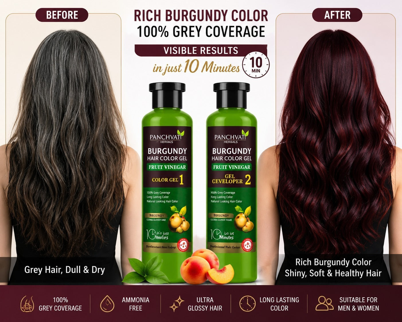 Panchvati Herbals Fruit Vinegar Hair Color Gel Burgundy | No Ammonia | 100% Grey Coverage | No Skin Stain | Long Lasting Hair Color |400 ml