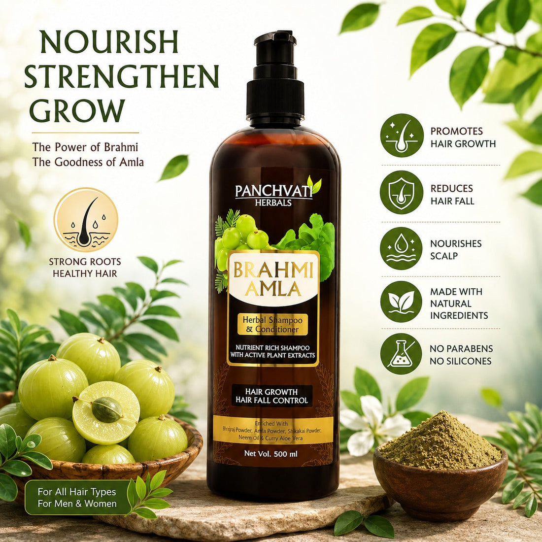 Rejuvenate Your Hair with Brahmi Amla Shampoo Enriched with Shikakai, Coconut, Olive Oil, and Honey