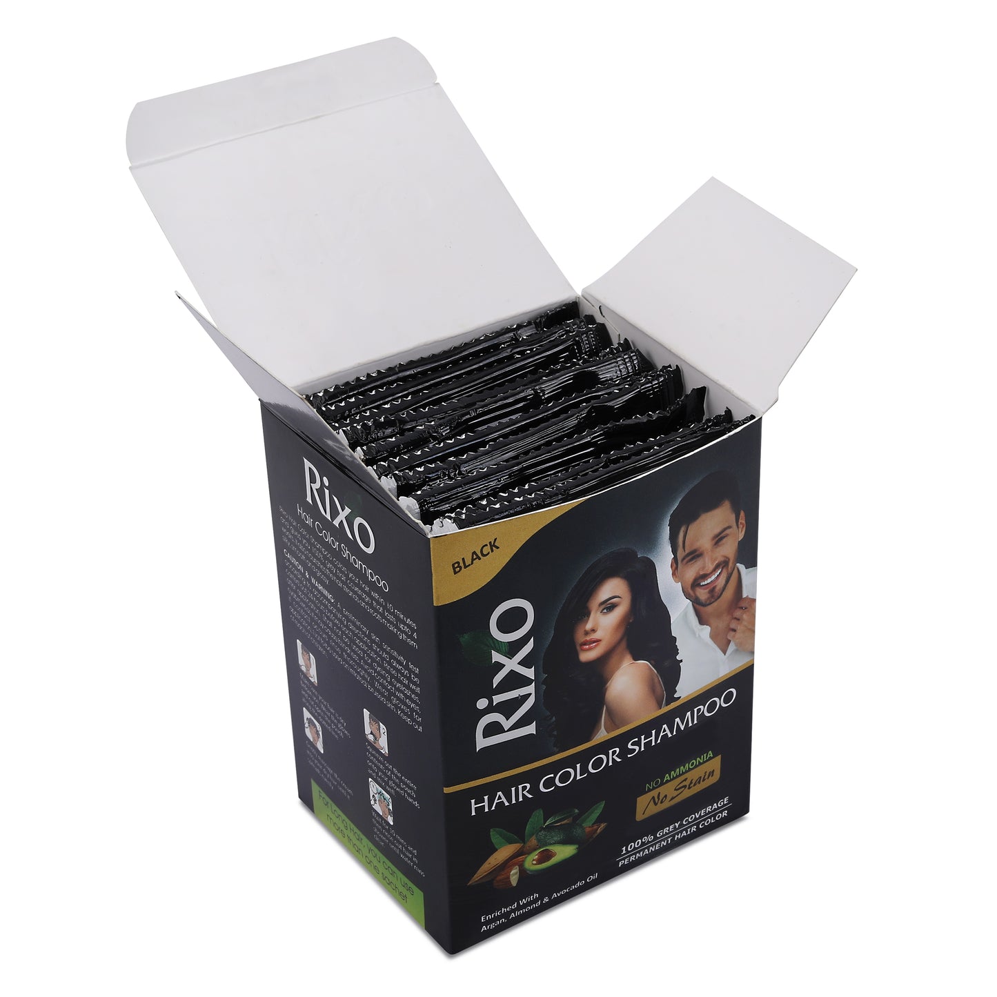 Rixo Black Hair Color Shampoo | Guaranteed No Stain On Skin | No Ammonia  | 100% Grey Coverage | Hair Color In 10 Minutes | 25ml × 10 Pouch= 250 ml
