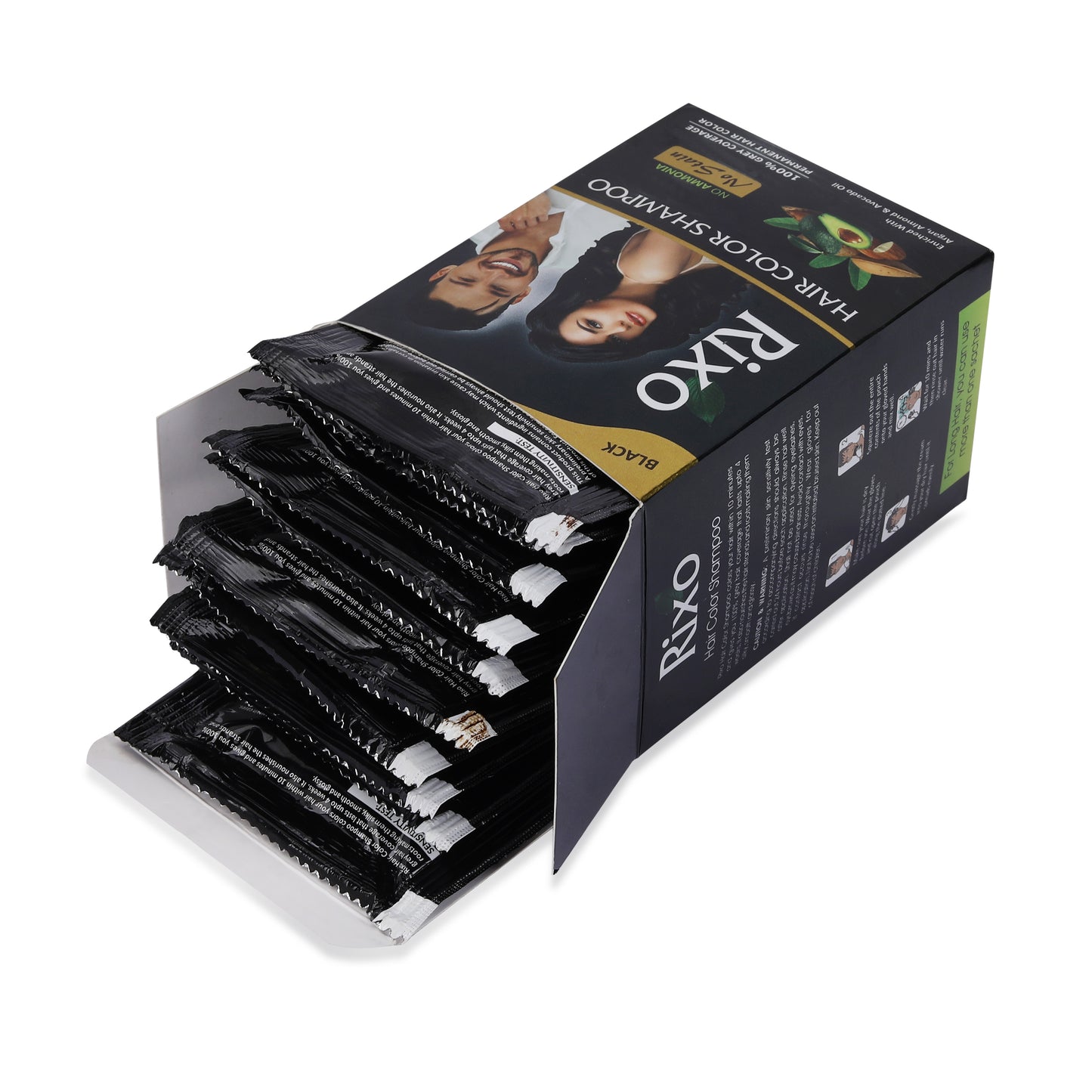 Rixo Black Hair Color Shampoo | Guaranteed No Stain On Skin | No Ammonia  | 100% Grey Coverage | Hair Color In 10 Minutes | 25ml × 10 Pouch= 250 ml
