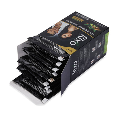 Rixo Black Hair Color Shampoo | Guaranteed No Stain On Skin | No Ammonia  | 100% Grey Coverage | Hair Color In 10 Minutes | 25ml × 10 Pouch= 250 ml