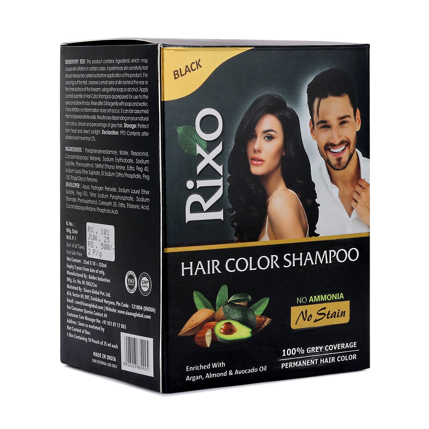 Rixo Black Hair Color Shampoo | Guaranteed No Stain On Skin | No Ammonia  | 100% Grey Coverage | Hair Color In 10 Minutes | 25ml × 10 Pouch= 250 ml