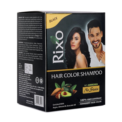 Rixo Black Hair Color Shampoo | Guaranteed No Stain On Skin | No Ammonia  | 100% Grey Coverage | Hair Color In 10 Minutes | 25ml × 10 Pouch= 250 ml