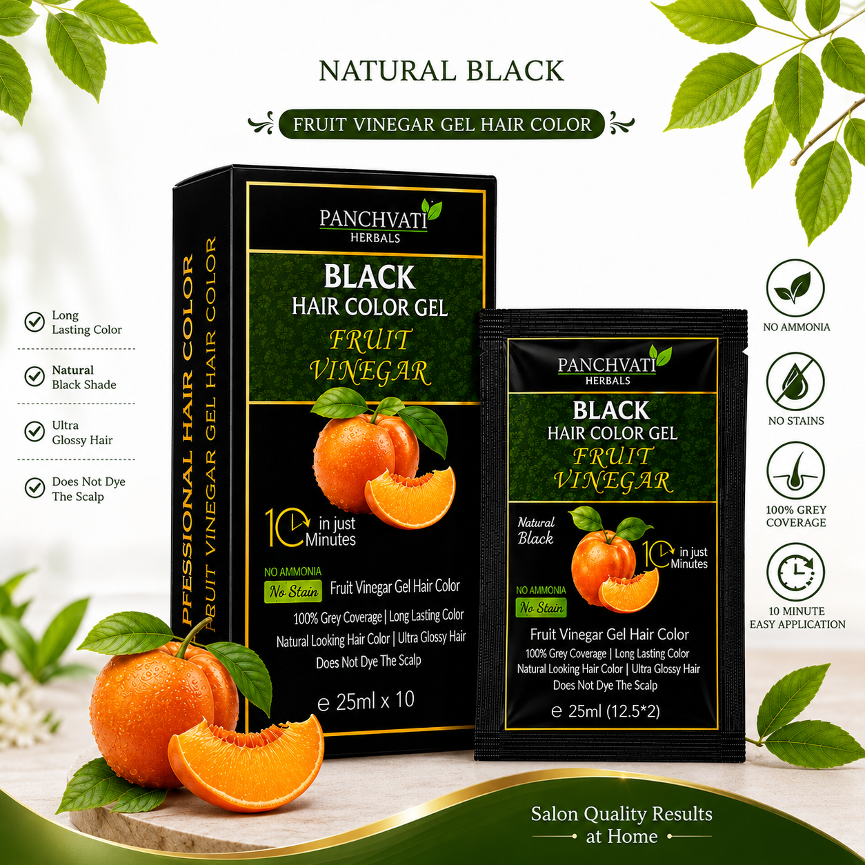 Panchvati Herbals Fruit Vinegar Black Hair Color Gel | Natural Looking Hair Color | No Ammonia | 10 Minute Hair Color | 25ml x 10 Sachets