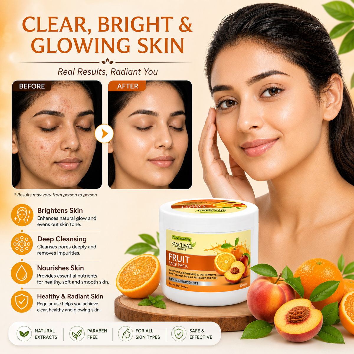 Panchvati Herbals Fruit Face Pack for Skin Brightening, Tan Removal & Glowing Skin – 800 ML