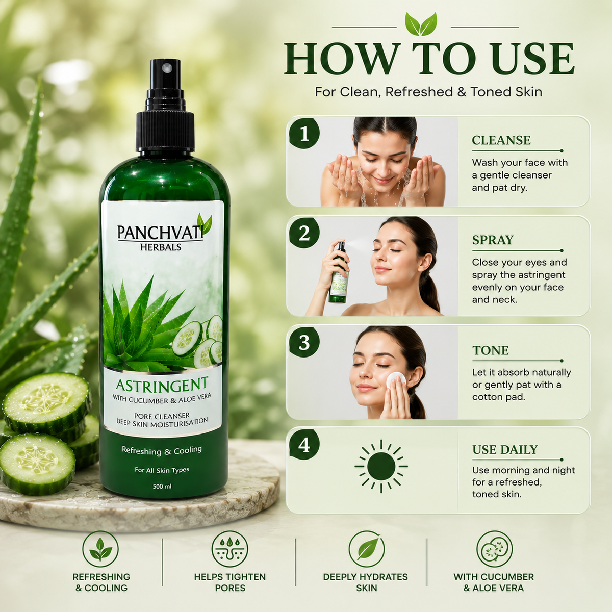 Panchvati Herbals Astringent with Aloe Vera & Cucumber Extract for Deep Cleansing, Pore Tightening & Refreshing Skin, 500 ml