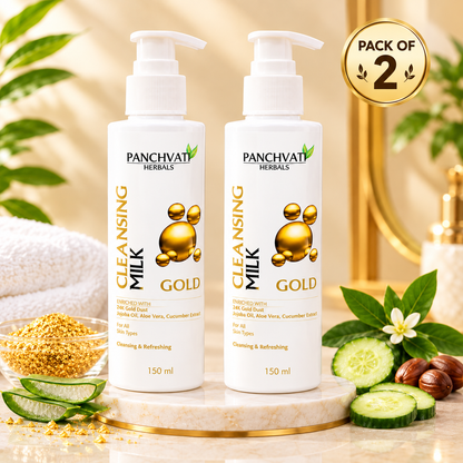 Panchvati Herbals Gold Cleansing Milk with 24K Gold Dust, Aloe Vera & Cucumber Extract, 150 ml Each, Total 300 ml, Pack of 2