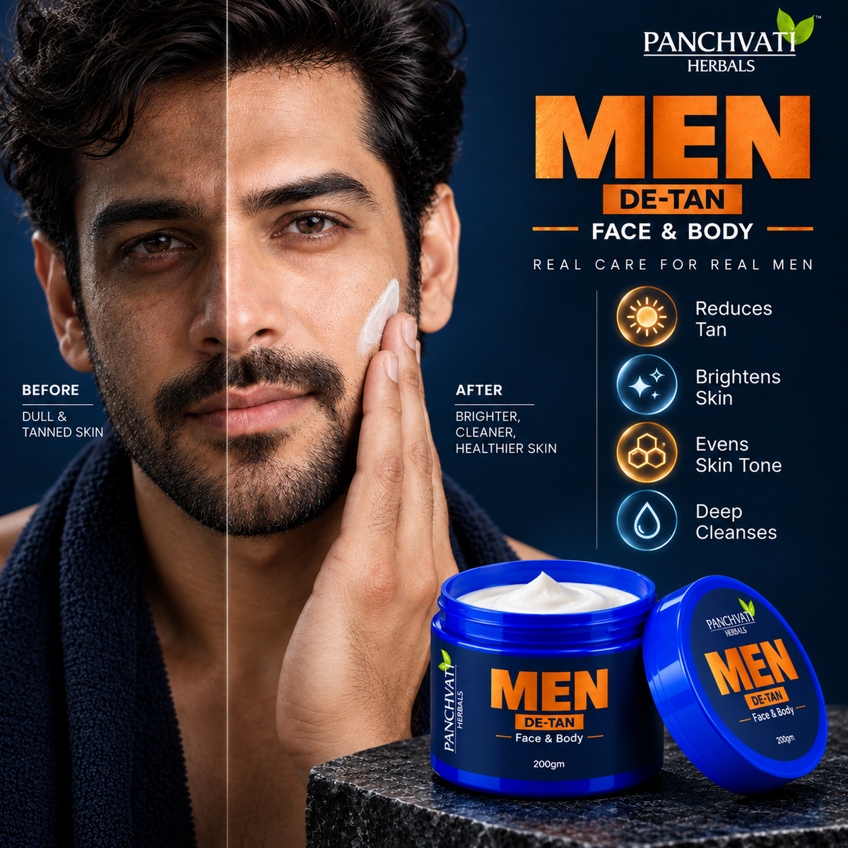 Panchvati Herbals Men De-Tan Face & Body Cream, 200 g | Helps Reduce Tan & Brighten Skin | For Men