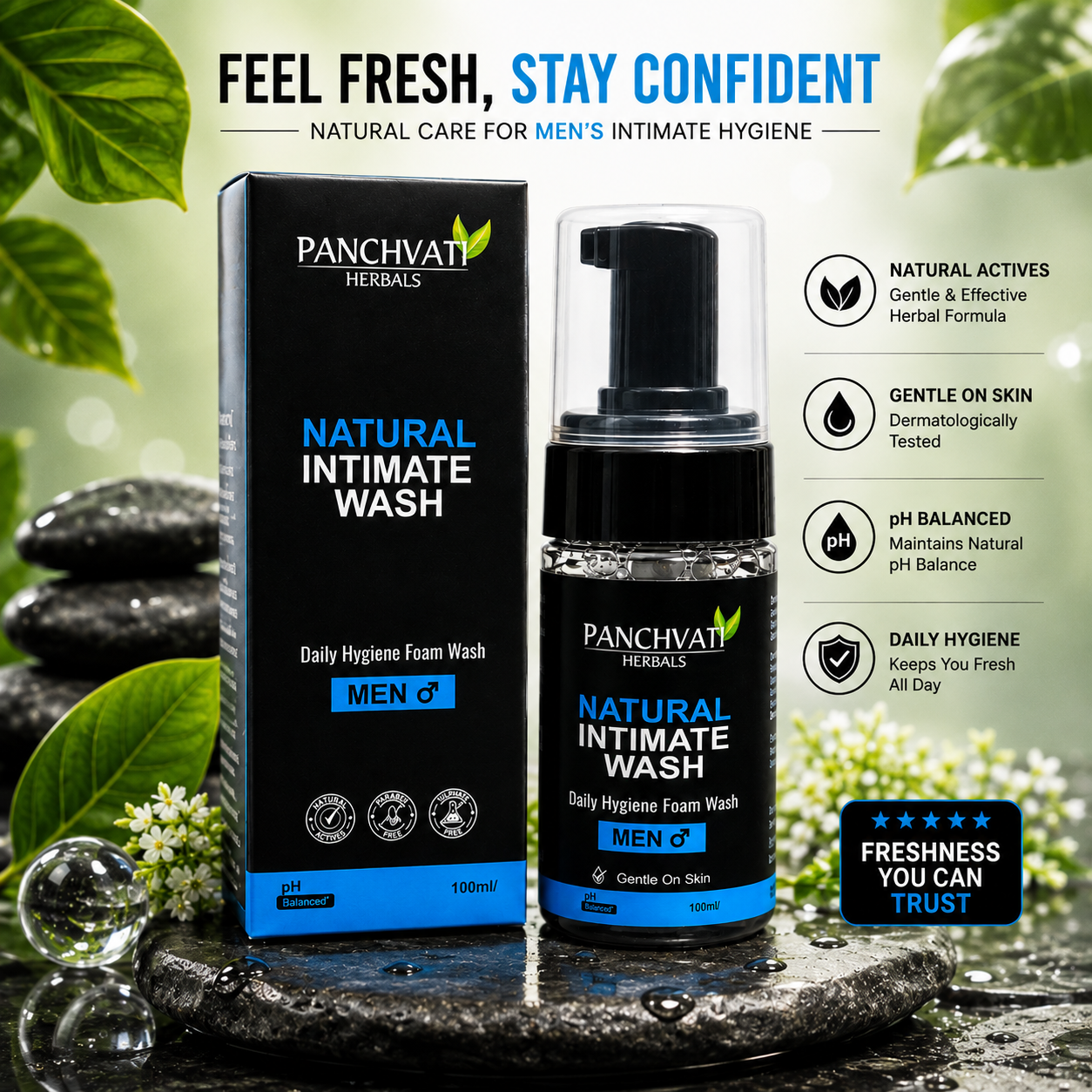 Panchvati Herbals Natural Intimate Wash for Men, Daily Hygiene Foam Wash, pH Balanced, 100 ml