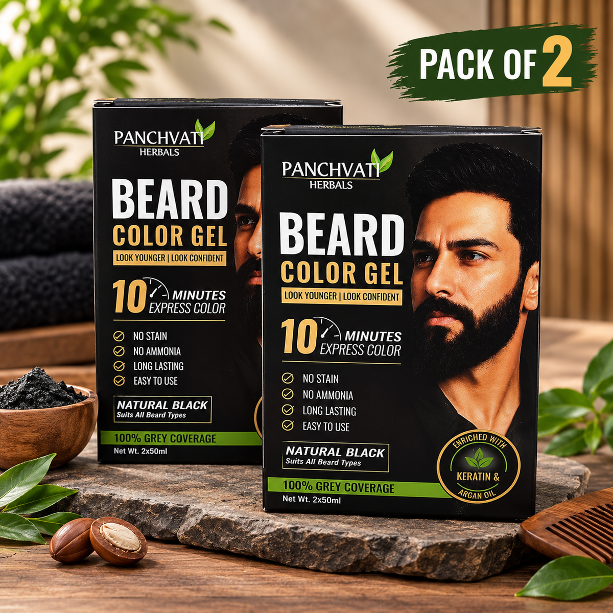 Panchvati Herbals Beard Color Gel for Men, Natural Black, 10-Minute Express Color, 100 ml Each, Pack of 2, Total 200 ml