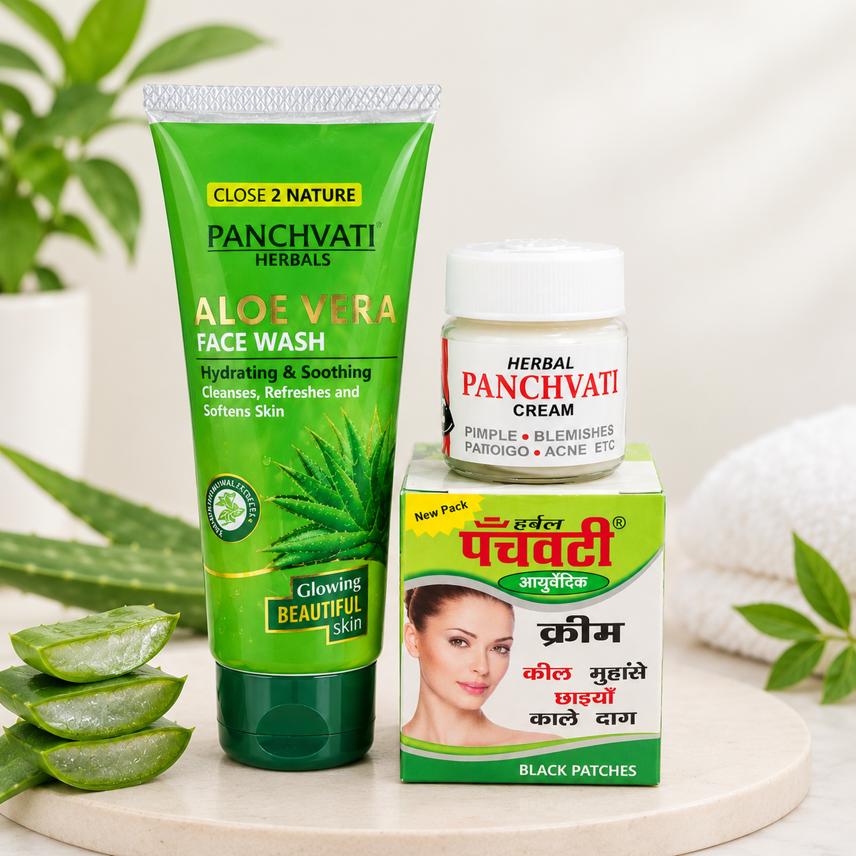 Panchvati Herbal Face Wash & Cream Combo | Aloe Vera Face Wash 60 ml + Herbal Cream 10 g | Cleansing, Hydrating & Blemish Care | For All Skin Types