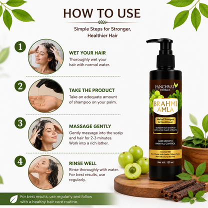 Panchvati Herbals Care Combo | Brahmi Amla Herbal Shampoo & Conditioner (150ml) + Adivasi Herbal Oil (100ml) | Fall Control, Anti-Dandruff, Root Repair & Scalp Nourishment | For Stronger, Healthier Locks