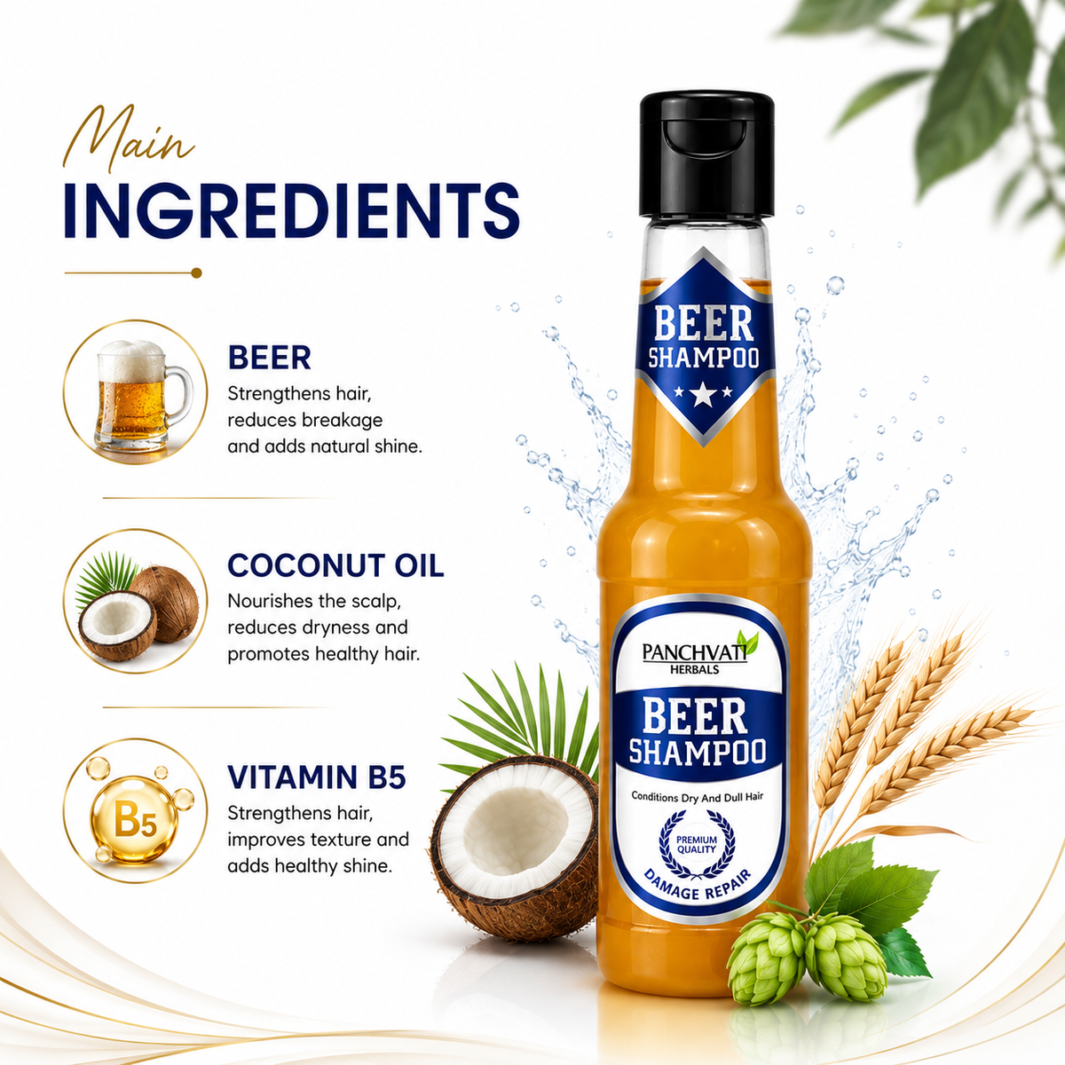 Panchvati Herbals Beer Shampoo for Dry & Dull Hair, 180 ml Each, Pack of 2 (Total 360 ml)