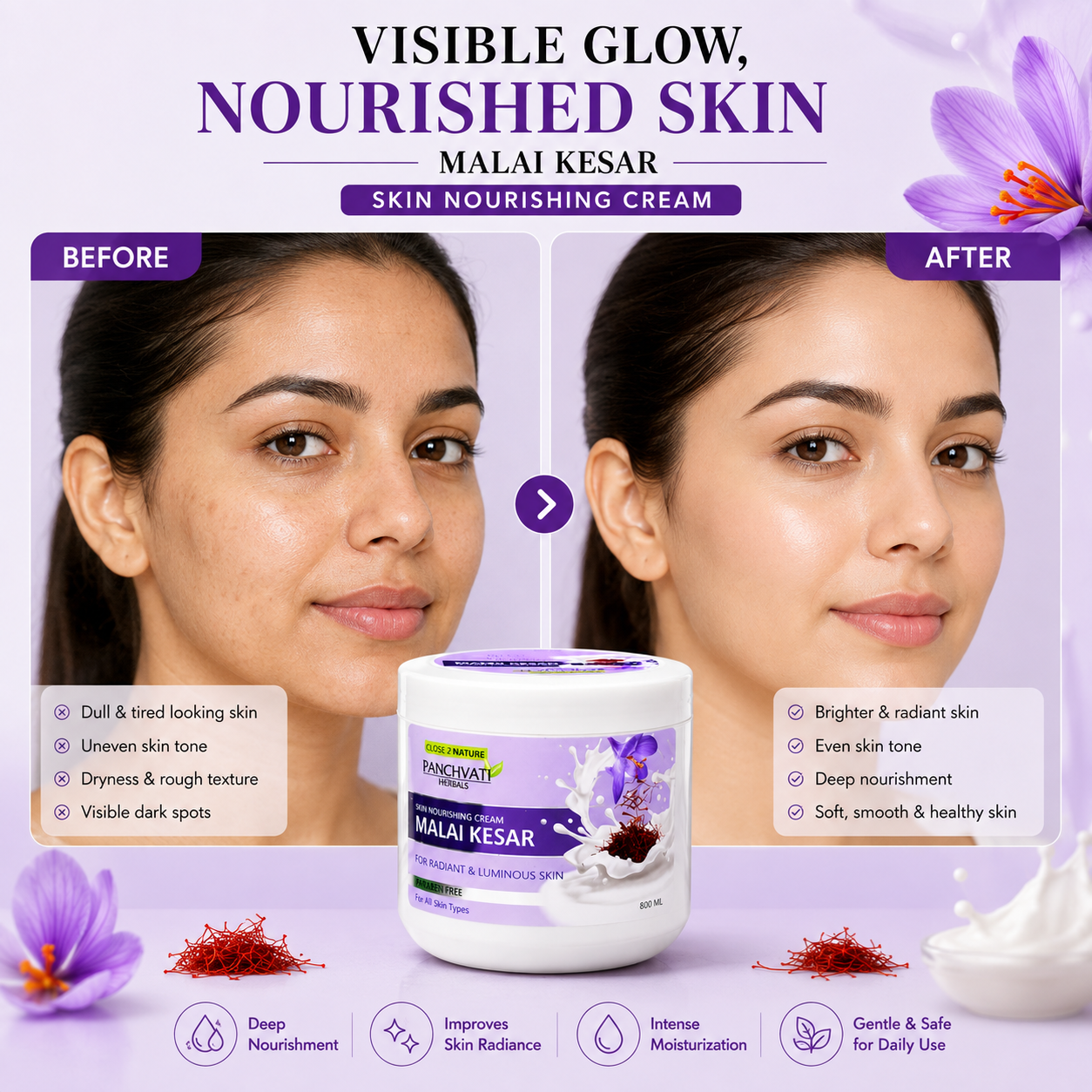 Panchvati Herbals Malai Kesar Skin Nourishing Cream, 800 ml