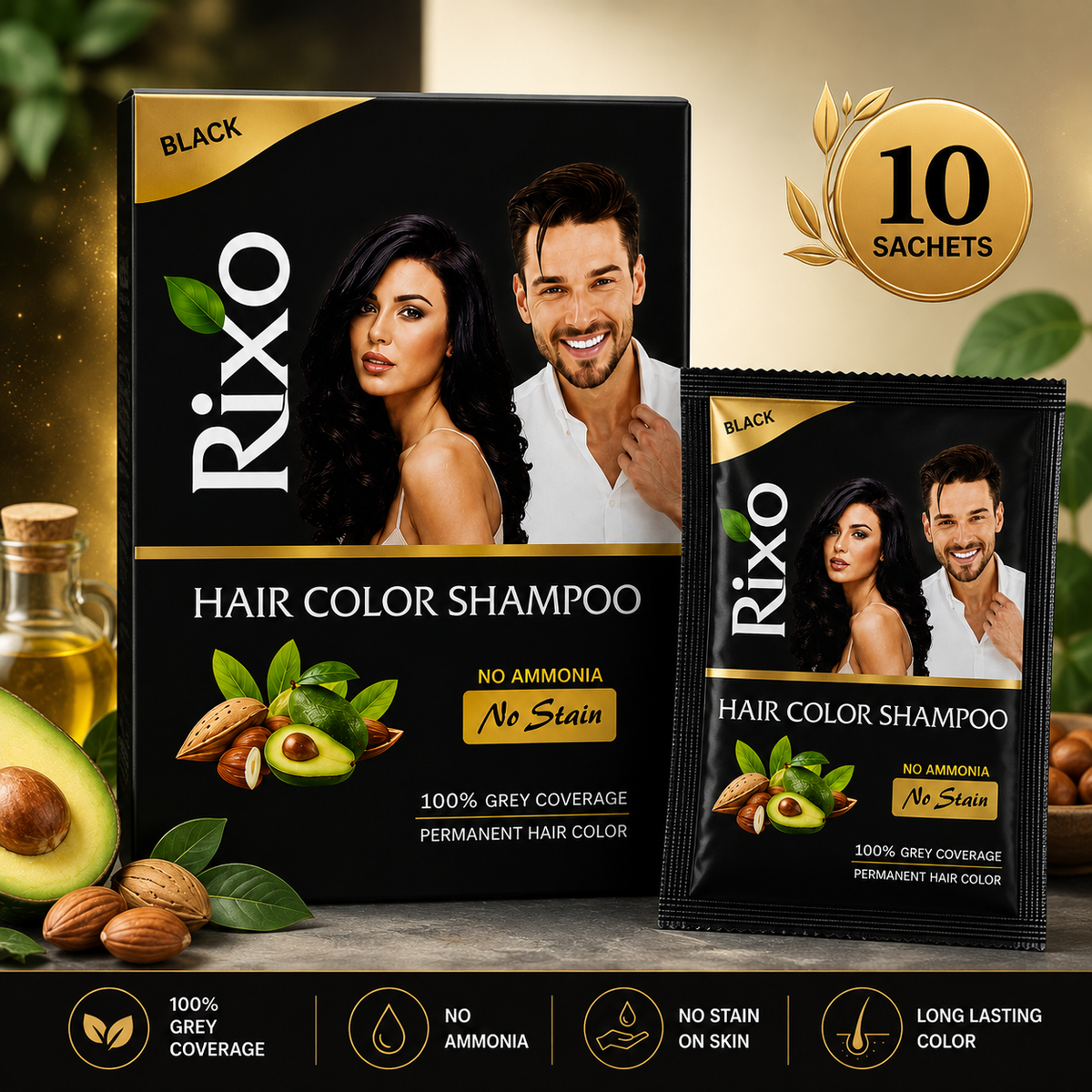 Rixo Black Hair Color Shampoo | Guaranteed No Stain On Skin | 100% Grey Coverage | 250ml