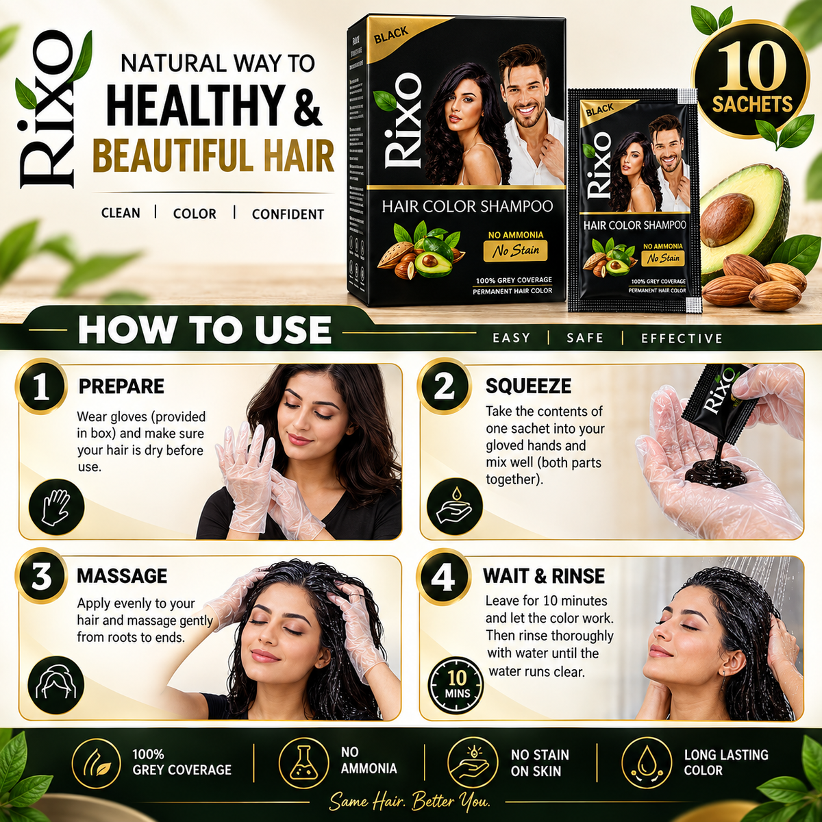 Rixo Black Hair Color Shampoo | Guaranteed No Stain On Skin | 100% Grey Coverage | 250ml