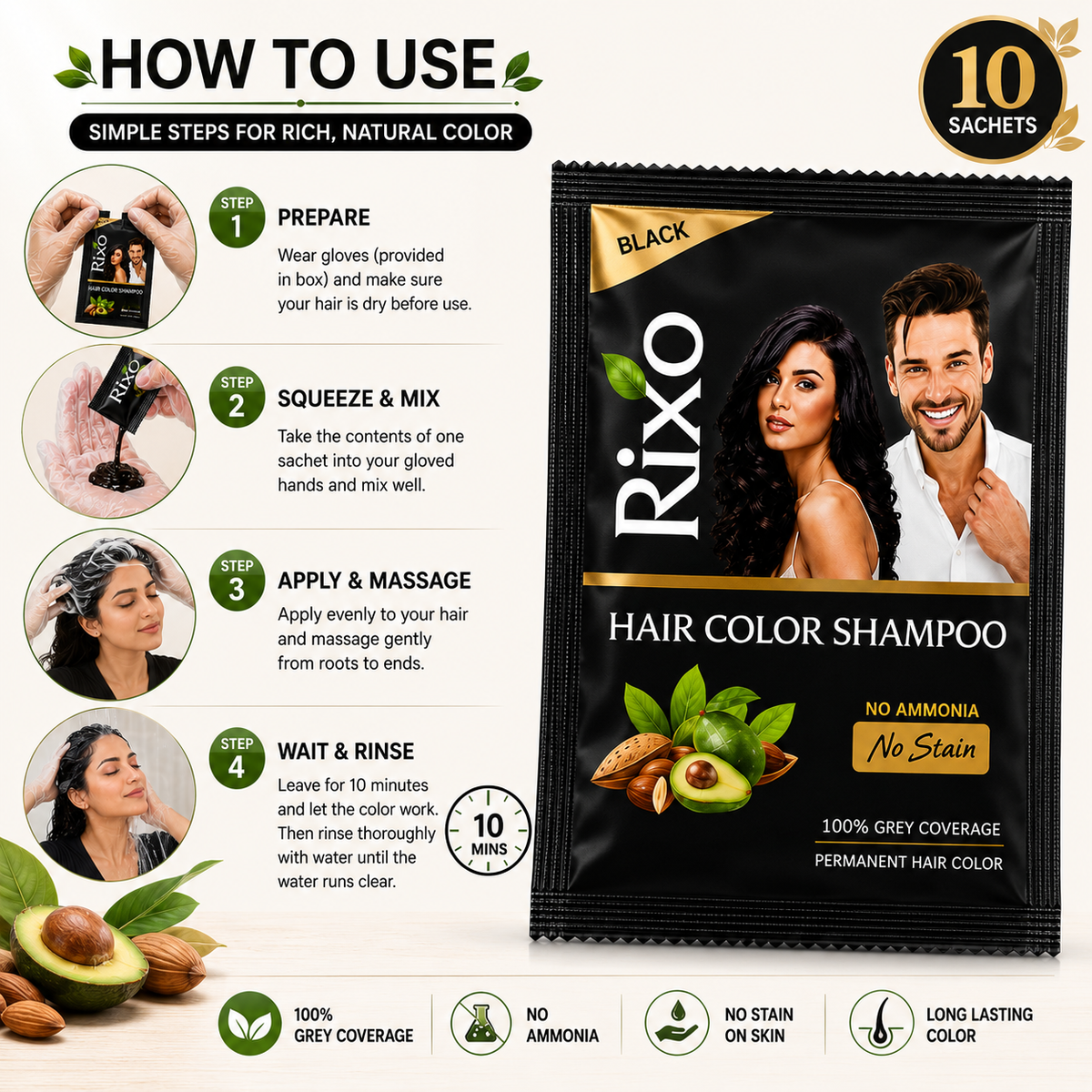 Rixo Black Hair Color Shampoo | Guaranteed No Stain On Skin | 100% Grey Coverage | 250ml