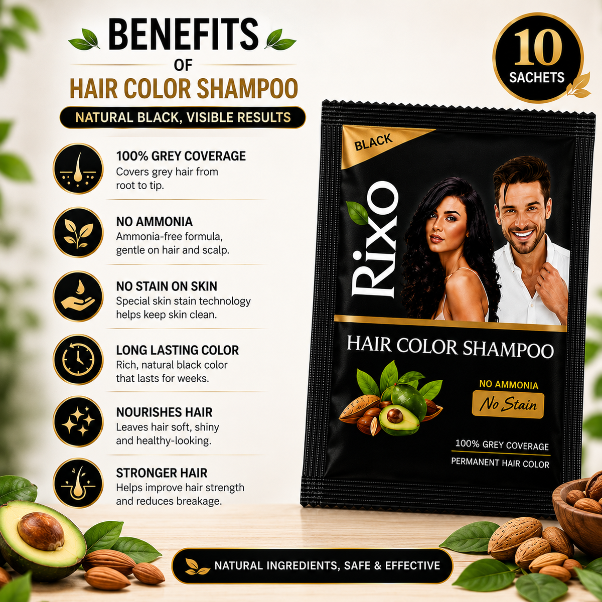 Rixo Black Hair Color Shampoo | Guaranteed No Stain On Skin | 100% Grey Coverage | 250ml