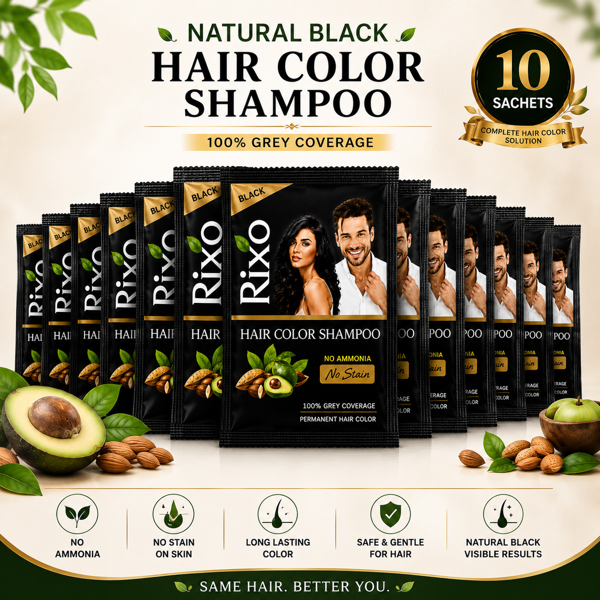 Rixo Black Hair Color Shampoo | Guaranteed No Stain On Skin | 100% Grey Coverage | 250ml