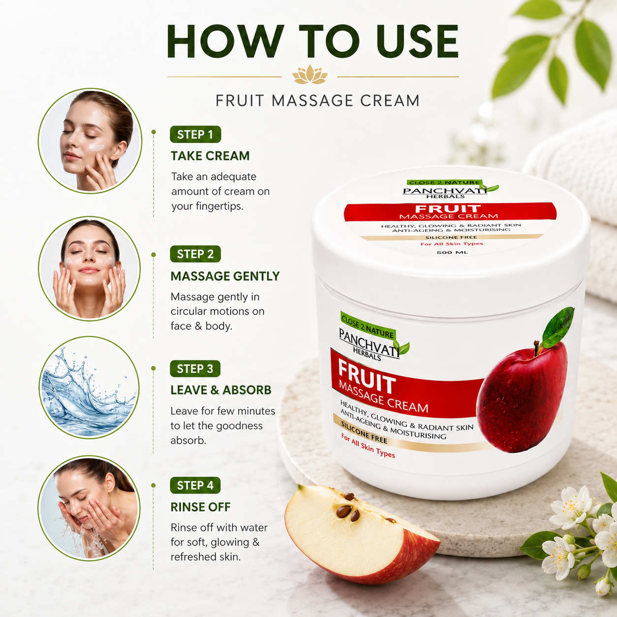 Panchvati Herbals Fruit Massage Cream | Apple & Papaya Extracts | Moisturising & Nourishing Face & Body Massage Cream | Silicone-Free | For All Skin Types | 800 ml