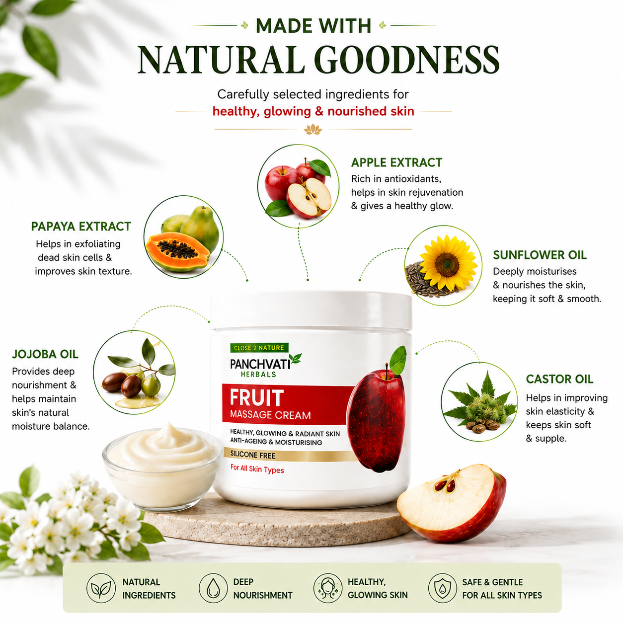 Panchvati Herbals Fruit Massage Cream | Apple & Papaya Extracts | Moisturising & Nourishing Face & Body Massage Cream | Silicone-Free | For All Skin Types | 800 ml