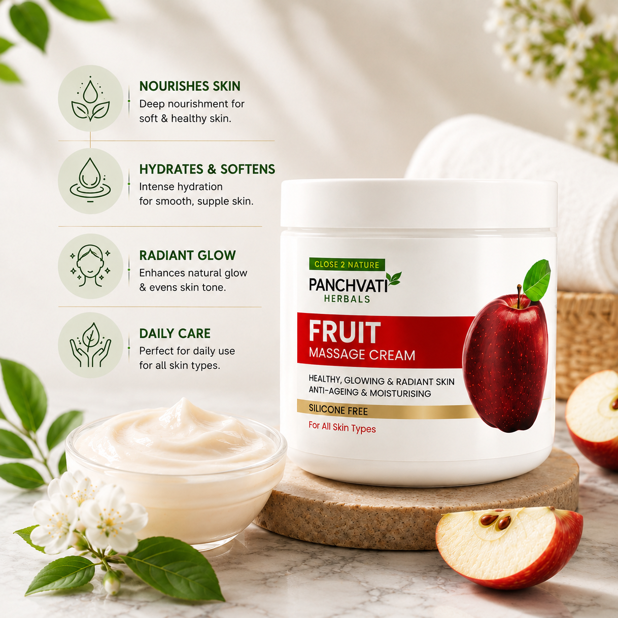 Panchvati Herbals Fruit Massage Cream | Apple & Papaya Extracts | Moisturising & Nourishing Face & Body Massage Cream | Silicone-Free | For All Skin Types | 800 ml