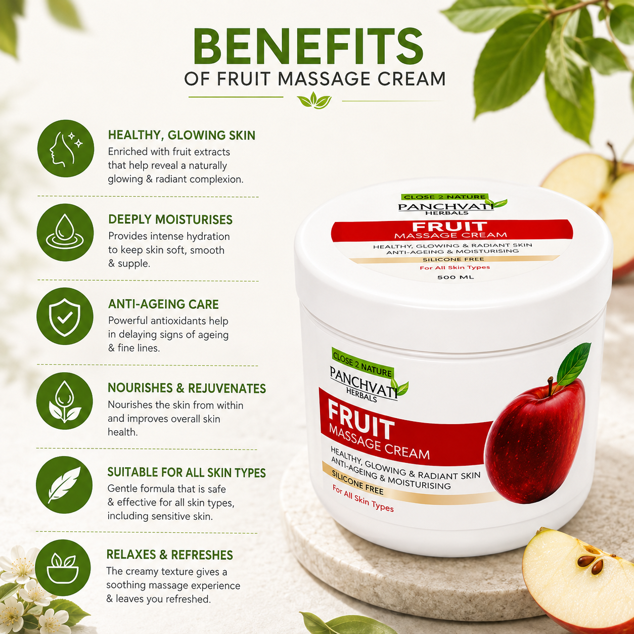 Panchvati Herbals Fruit Massage Cream | Apple & Papaya Extracts | Moisturising & Nourishing Face & Body Massage Cream | Silicone-Free | For All Skin Types | 800 ml