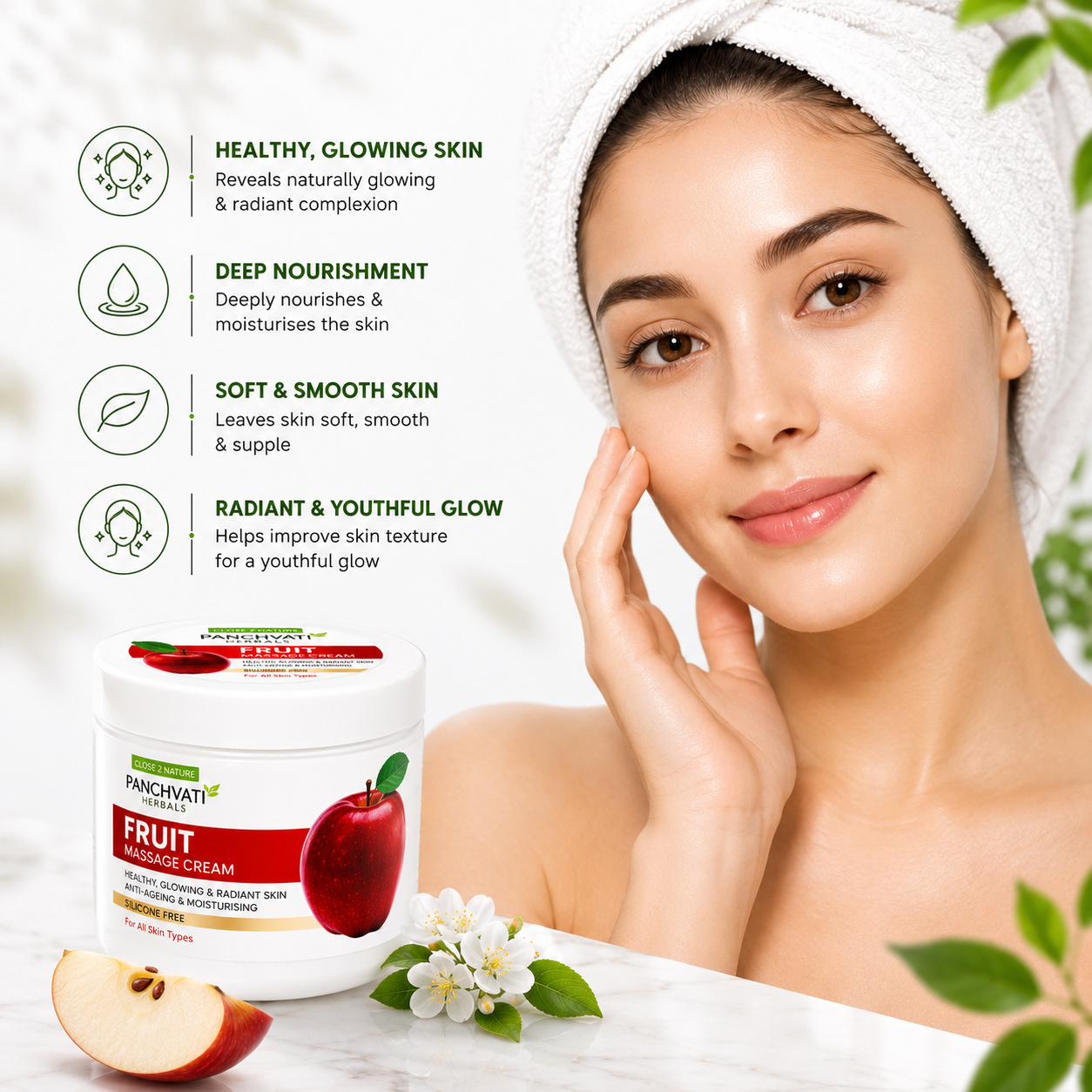 Panchvati Herbals Fruit Massage Cream | Apple & Papaya Extracts | Moisturising & Nourishing Face & Body Massage Cream | Silicone-Free | For All Skin Types | 800 ml