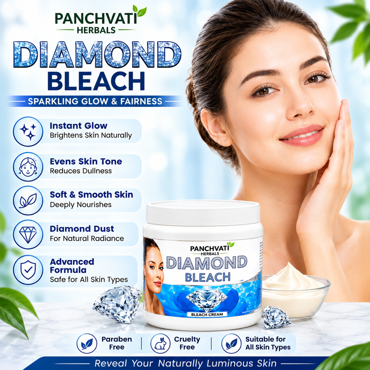 Panchvati Herbals Diamond Bleach Cream | Instant Glow & Even Skin Tone | Advanced Formula | 900 g