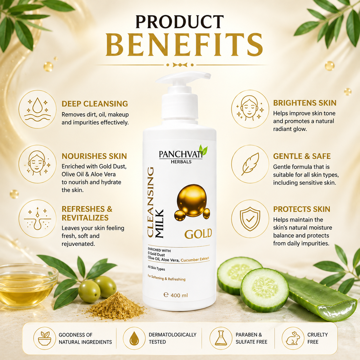 Panchvati Herbals Gold Cleansing Milk with Aloe Vera & Cucumber Extract, 400 ml