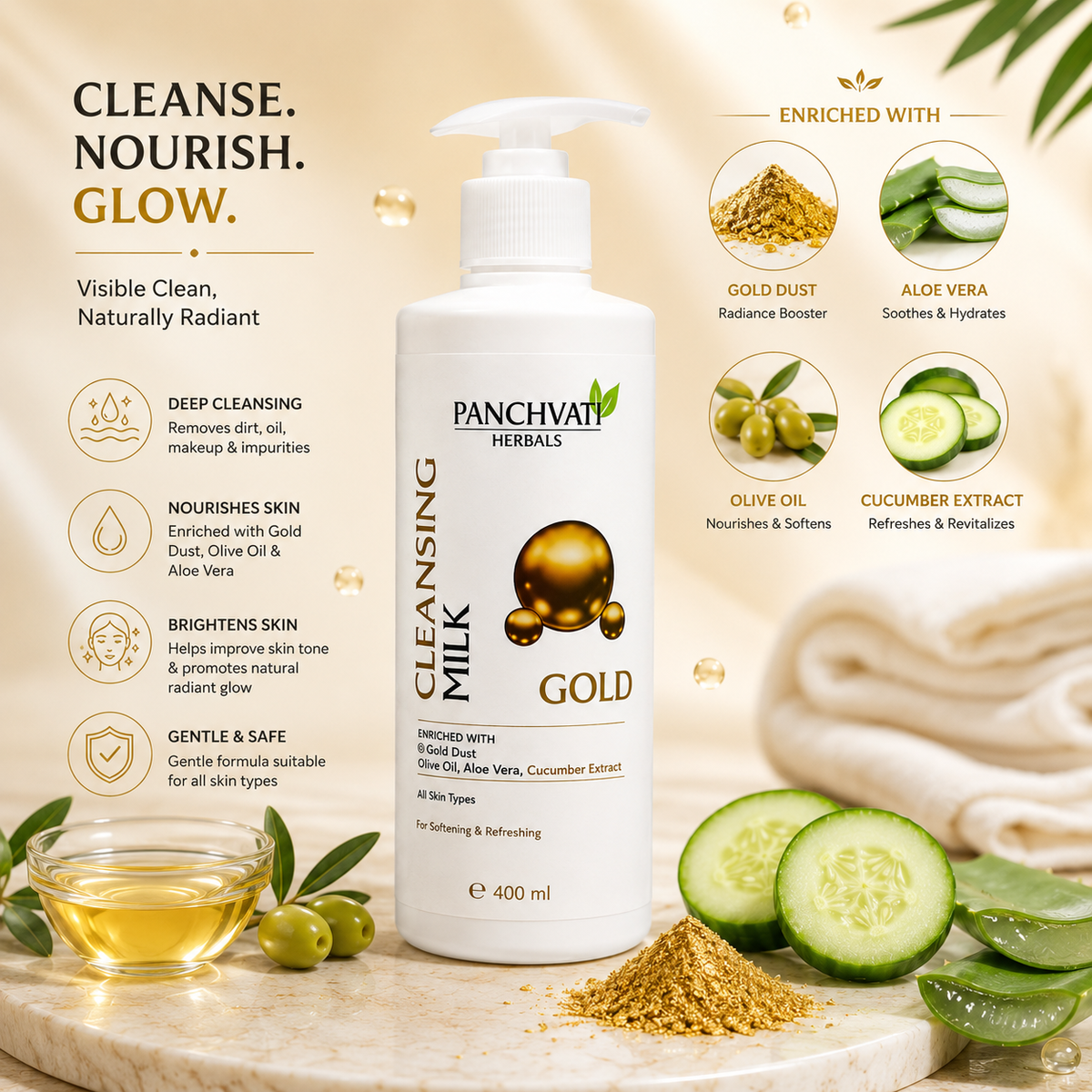 Panchvati Herbals Gold Cleansing Milk with Aloe Vera & Cucumber Extract, 400 ml