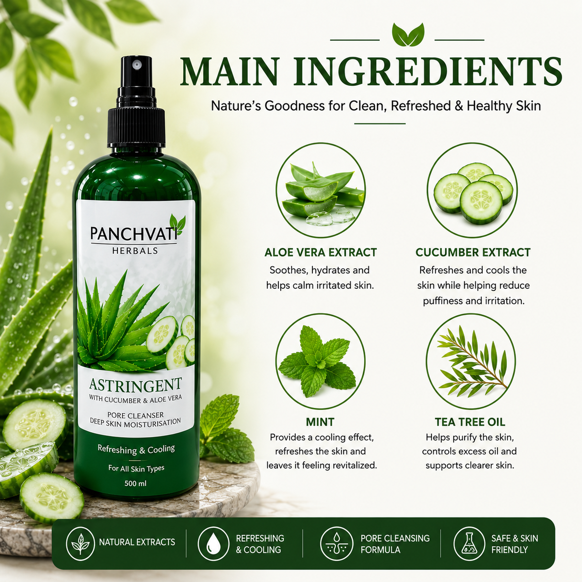 Panchvati Herbals Astringent with Aloe Vera & Cucumber Extract for Deep Cleansing, Pore Tightening & Refreshing Skin, 500 ml