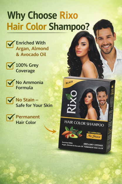 Rixo Black Hair Color Shampoo | Guaranteed No Stain On Skin | No Ammonia  | 100% Grey Coverage | Hair Color In 10 Minutes | 25ml × 10 Pouch= 250 ml
