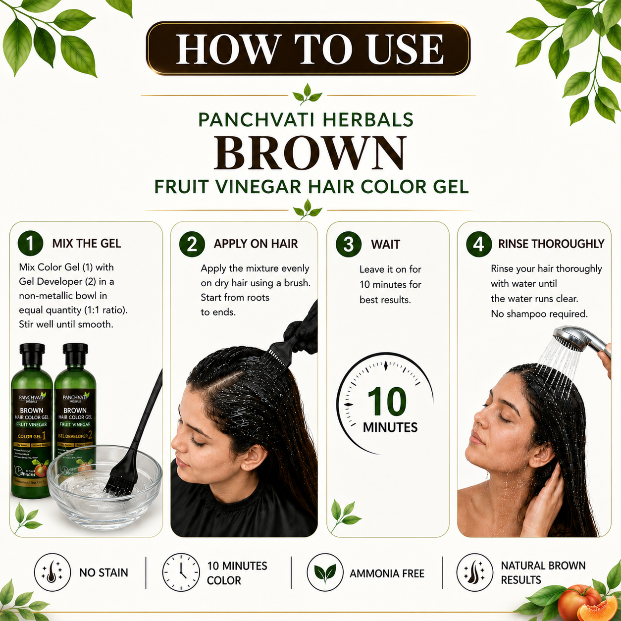 Fruit Vinegar Brown Hair Color Gel for Men & Women | 100% Grey Coverage | No Skin Stains | Ammonia Free | Long Lasting Natural Brown Color | 10 Minute Hair Color | 200ml x 2