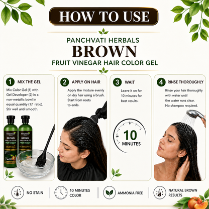 Fruit Vinegar Brown Hair Color Gel for Men & Women | 100% Grey Coverage | No Skin Stains | Ammonia Free | Long Lasting Natural Brown Color | 10 Minute Hair Color | 200ml x 2