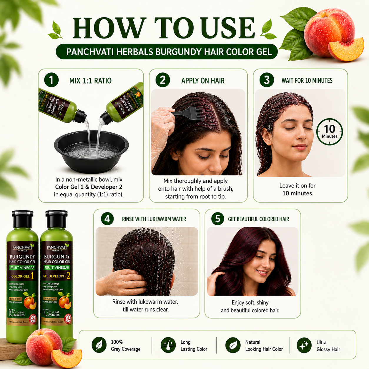 Panchvati Herbals Fruit Vinegar Hair Color Gel Burgundy | No Ammonia | 100% Grey Coverage | No Skin Stain | Long Lasting Hair Color |400 ml