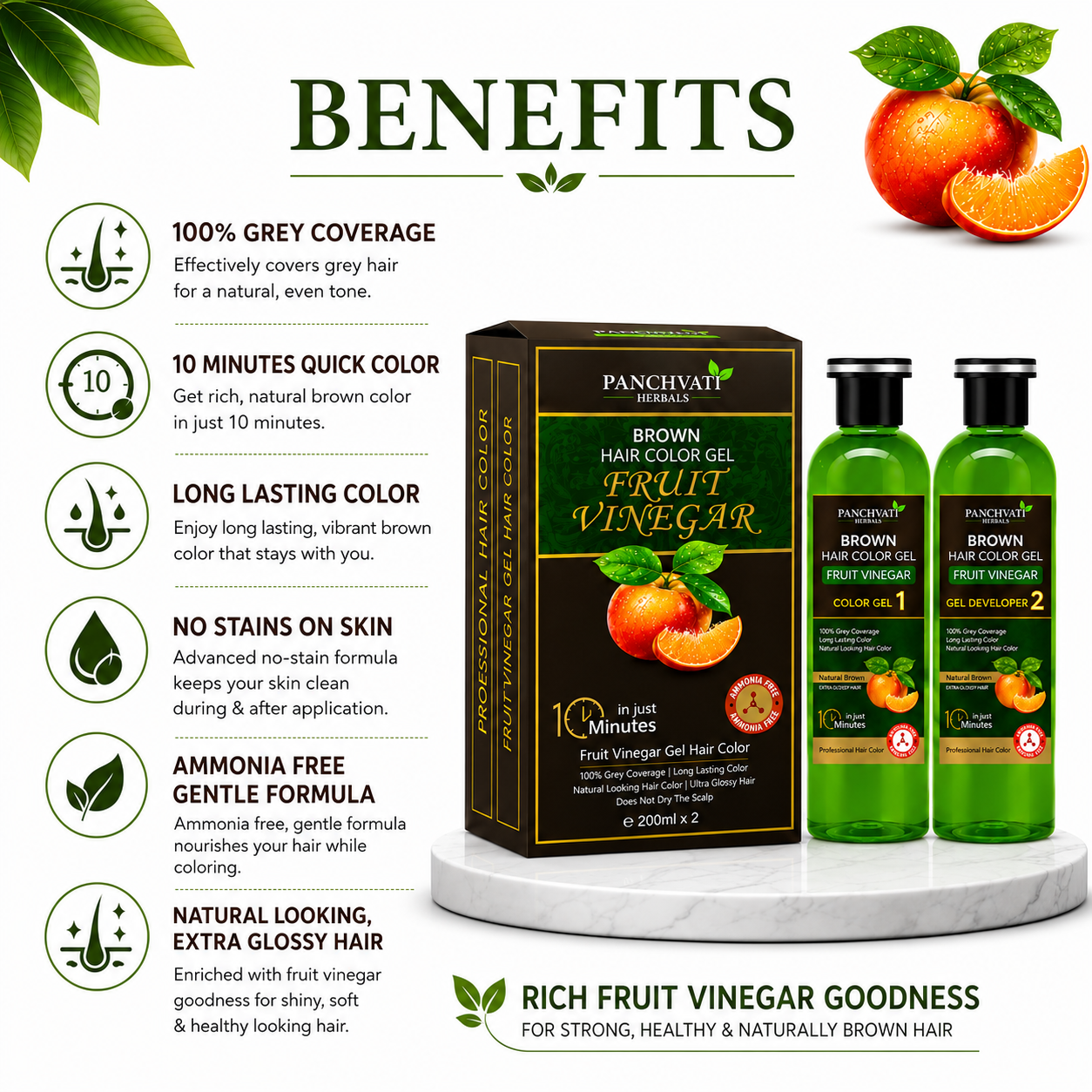 Fruit Vinegar Brown Hair Color Gel for Men & Women | 100% Grey Coverage | No Skin Stains | Ammonia Free | Long Lasting Natural Brown Color | 10 Minute Hair Color | 200ml x 2