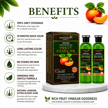 Fruit Vinegar Brown Hair Color Gel for Men & Women | 100% Grey Coverage | No Skin Stains | Ammonia Free | Long Lasting Natural Brown Color | 10 Minute Hair Color | 200ml x 2