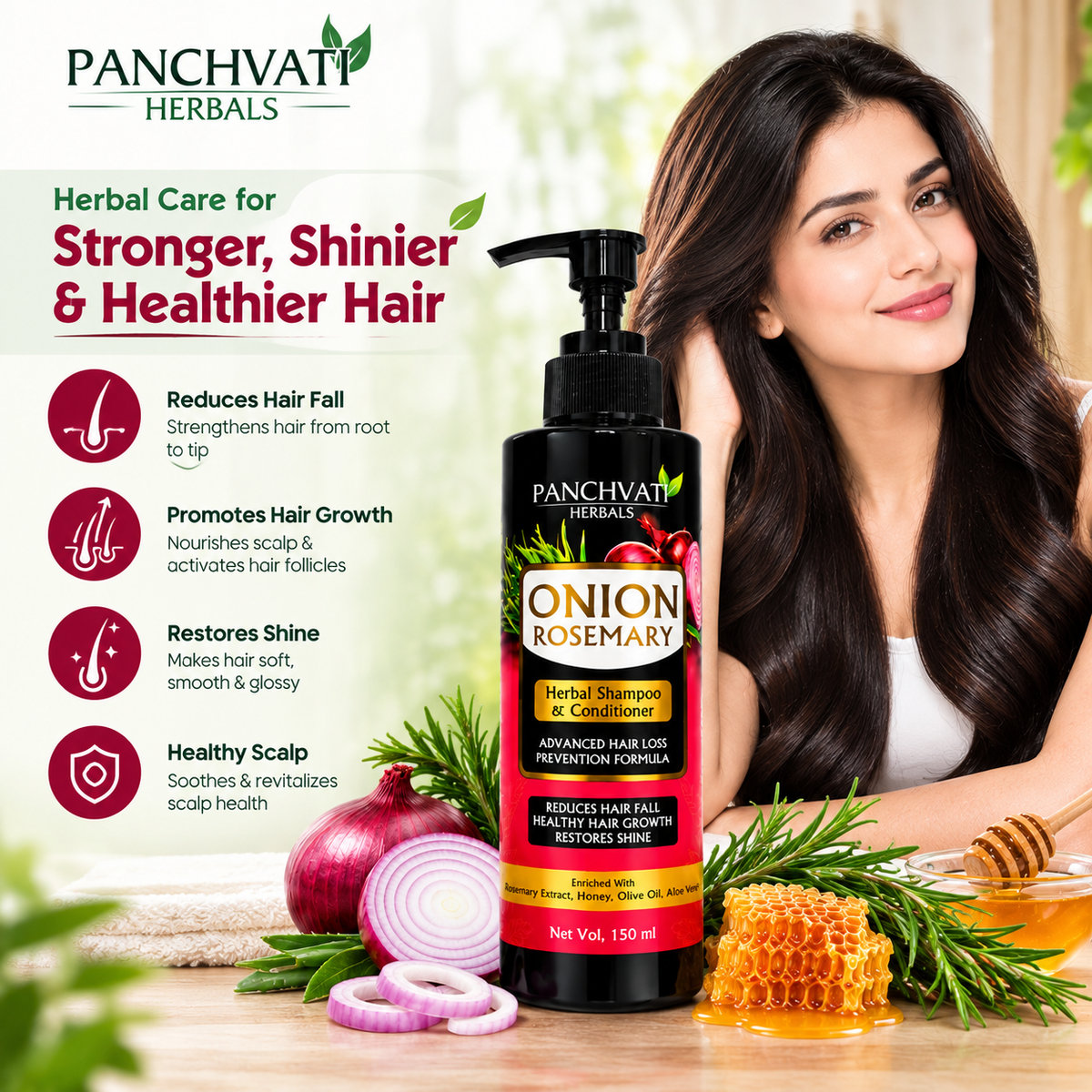 Panchvati Herbals Onion Rosemary Herbal Shampoo & Conditioner, 150 ml Each, Pack of 2 (Total 300 ml)