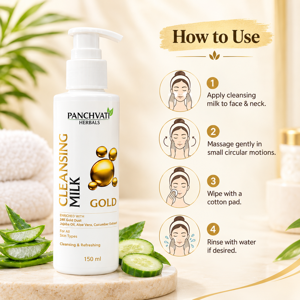 Panchvati Herbals Gold Cleansing Milk with 24K Gold Dust, Aloe Vera & Cucumber Extract, 150 ml Each, Total 300 ml, Pack of 2