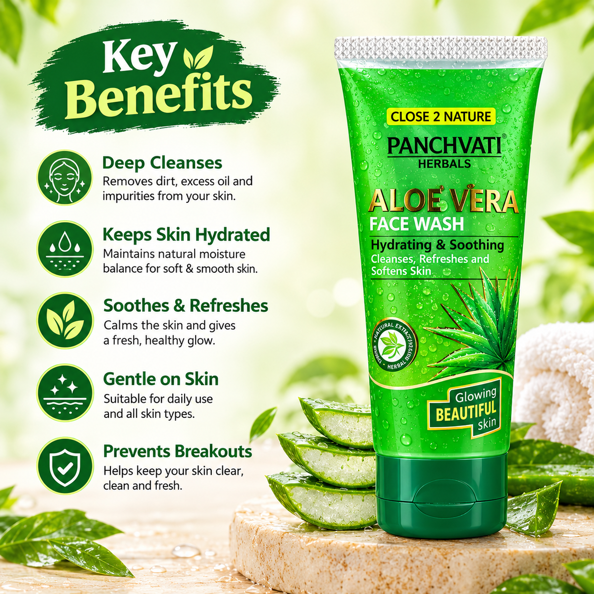 Panchvati Herbals Aloe Vera Face Wash | Hydrating & Soothing | Cleanses, Refreshes & Softens Skin | 60 ml Each | Pack of 6