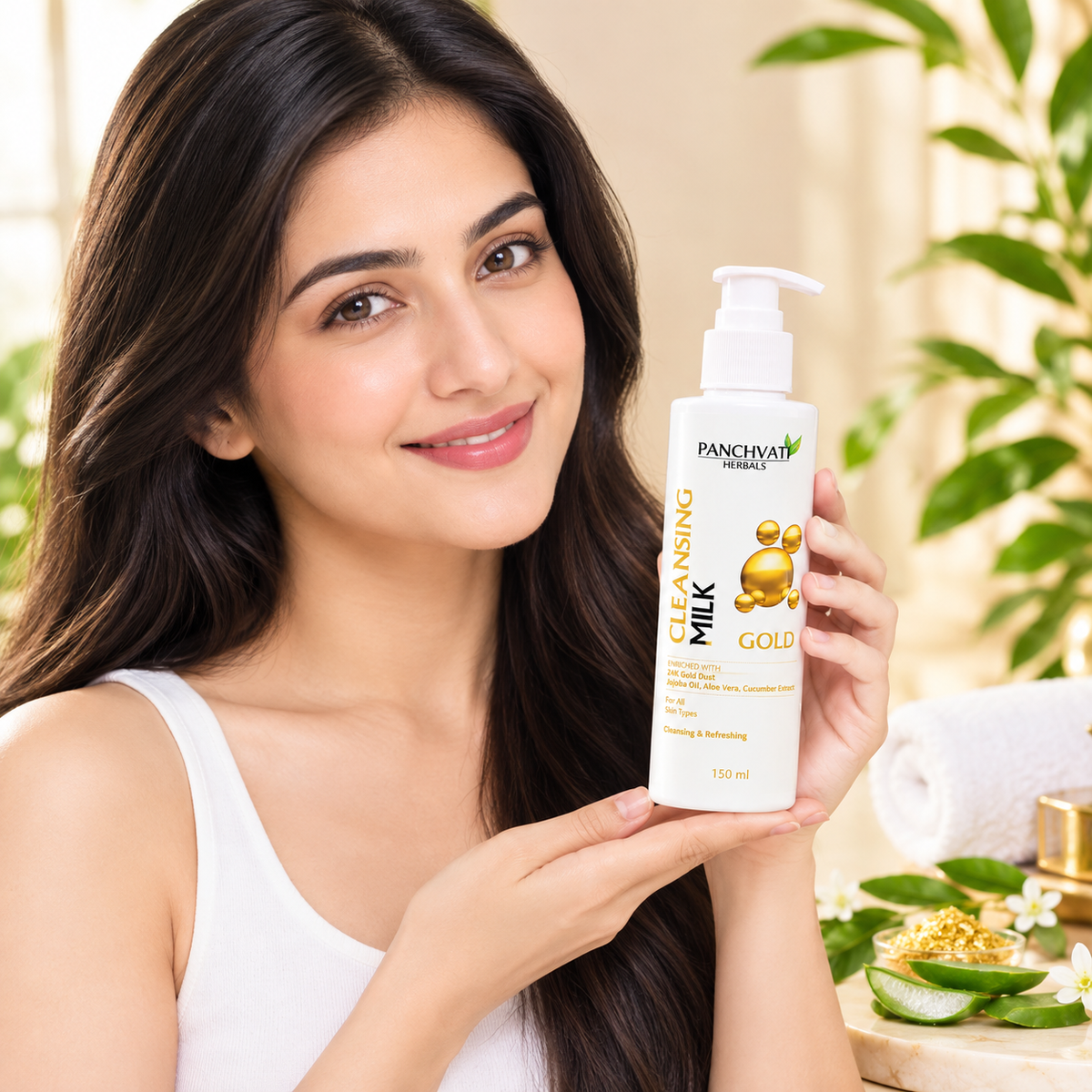Panchvati Herbals Gold Cleansing Milk with 24K Gold Dust, Aloe Vera & Cucumber Extract, 150 ml Each, Total 300 ml, Pack of 2