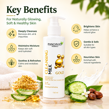 Panchvati Herbals Gold Cleansing Milk with 24K Gold Dust, Aloe Vera & Cucumber Extract, 150 ml Each, Total 300 ml, Pack of 2