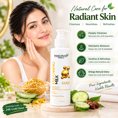 Panchvati Herbals Gold Cleansing Milk with 24K Gold Dust, Aloe Vera & Cucumber Extract, 150 ml Each, Total 300 ml, Pack of 2